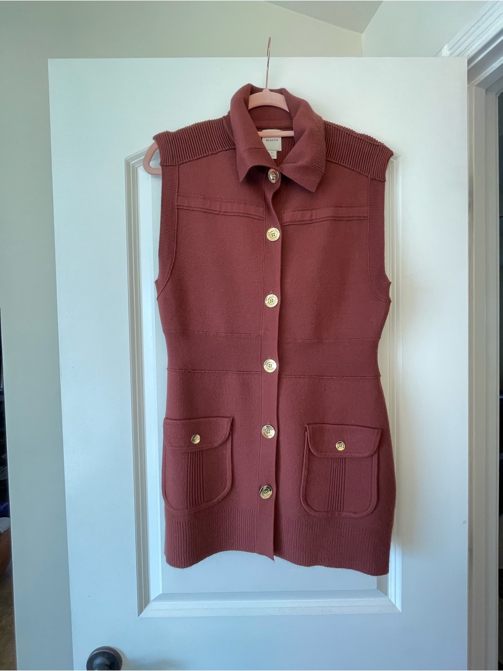 Maeve Anthropologie Sleeveless Button-Front Knit Vest Coat in Brick